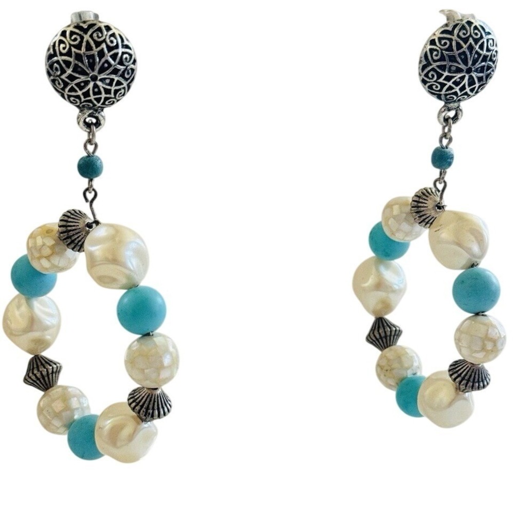 Pearl Hoop Earrings VTG Dangle Blue Lucite Silver pierced Statement Chunky Retro